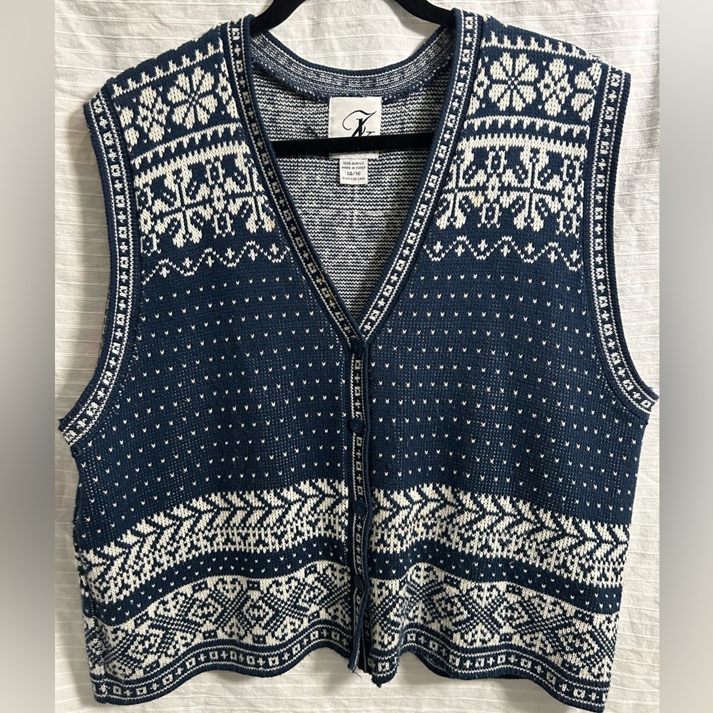 Vtg JK  America Womens Acrylic Vest  ButtonDown Blue/White Geo Pattern Sz 14-16